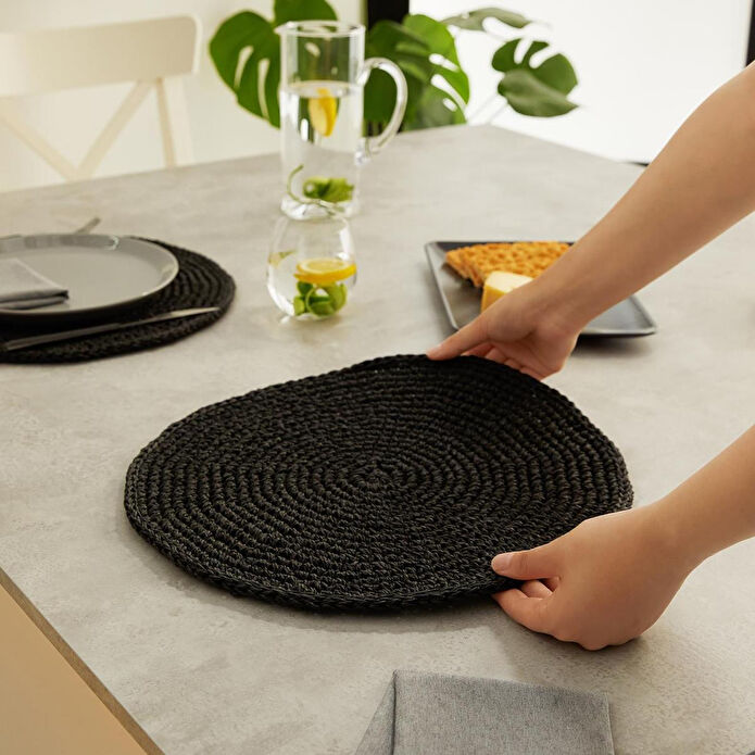 Home Wave Ocean Home Textile 2'li Siyah Renk Rafya Amerikan Servis Ø 36 Cm