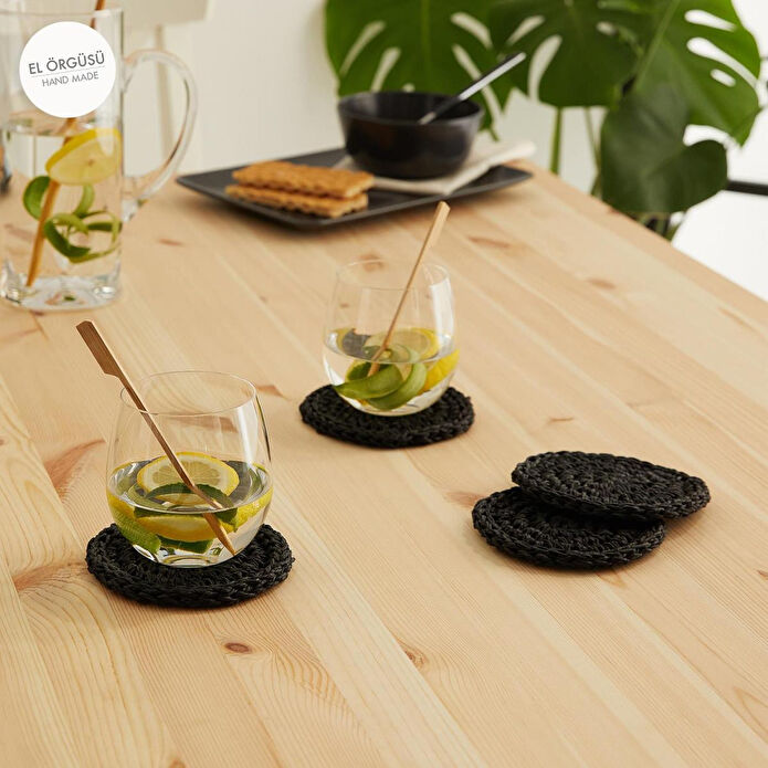 Ocean Home Textile 4'lü Siyah Renk Rafya Bardak Altlığı Ø 11 Cm