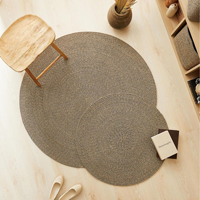 Ocean Home Textile Siyah Kırçıllı Jüt Halı Kilim Ø 80 Cm