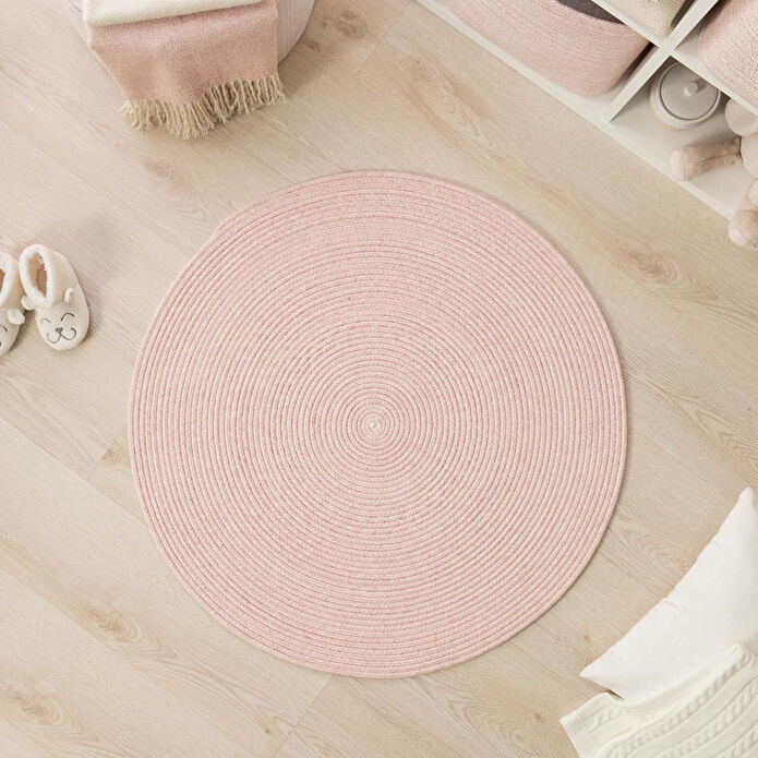 Ocean Home Textile Yıkanabilir Pembe Kırçıllı Pamuklu Halı Kilim Ø 80 Cm