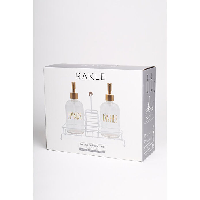Rakle Pure Beyaz Metal Ahşap Kulplu Stand 2'li Sıvı Sabunluk Seti 420 Cc