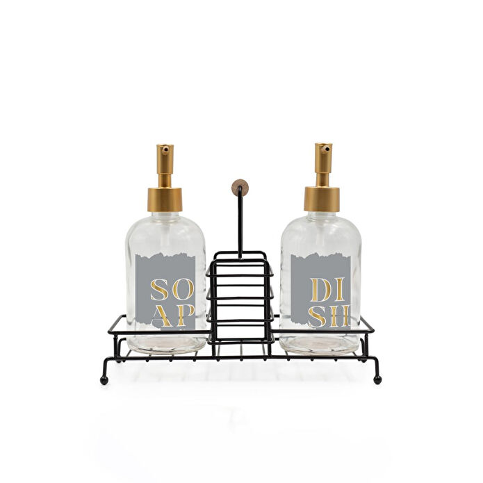 Rakle Alaska Siyah Metal Ahşap Kulplu Stand 2'li Sıvı Sabunluk Seti 420 Cc