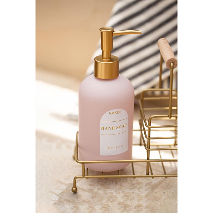 Rakle Poudre Gold Metal Ahşap Kulplu Stand 2'li Sıvı Sabunluk Seti Pembe 420 Cc