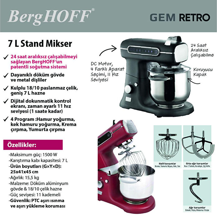 Berghoff Gem Retro 7 L Kırmızı Artisan Yüksek Performans Stand Mikser Kma0168