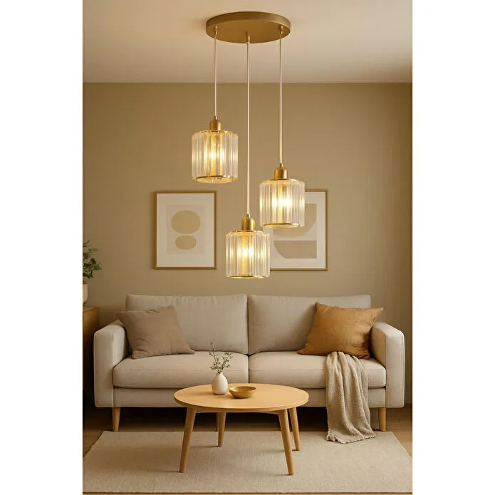 Luna Lighting Radiosa Gold Renk Kristal Taşlı Üçlü Sarkıt Avize