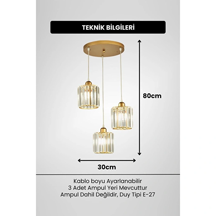 Luna Lighting Radiosa Gold Renk Kristal Taşlı Üçlü Sarkıt Avize