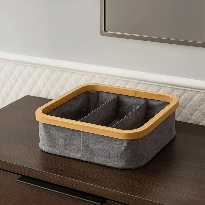 Vienev Ahşap Çerçeveli 3 Bölmeli Kumaş Makyaj Ve Kozmetik Organizer