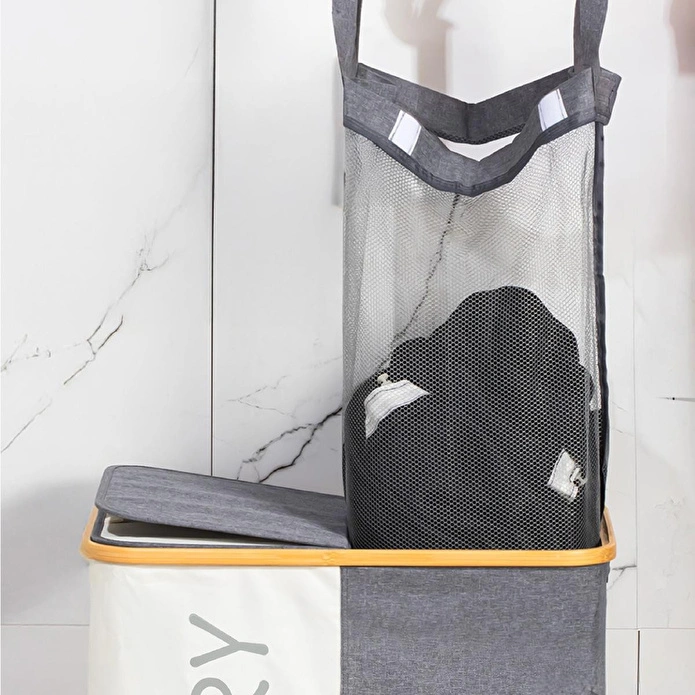 Vienev İki Bölmeli Çamaşır Sepeti - Çift File Torbalı
