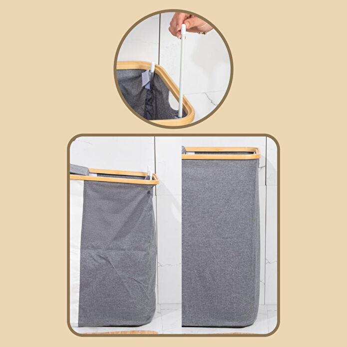 Vienev İki Bölmeli Çamaşır Sepeti - Çift File Torbalı