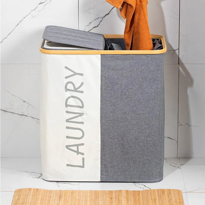Vienev İki Bölmeli Çamaşır Sepeti - Çift File Torbalı