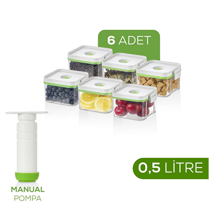 Vienev 7'li Vakumlu Saklama Kabı Seti | 6x 0,5 Litre Kap + Manuel Pompa