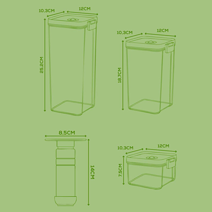 Vienev 7'li Vakumlu Saklama Kabı Seti | 2x(2 Lt-1,3 Lt-0,5 Lt) Kap + Manuel Pompa