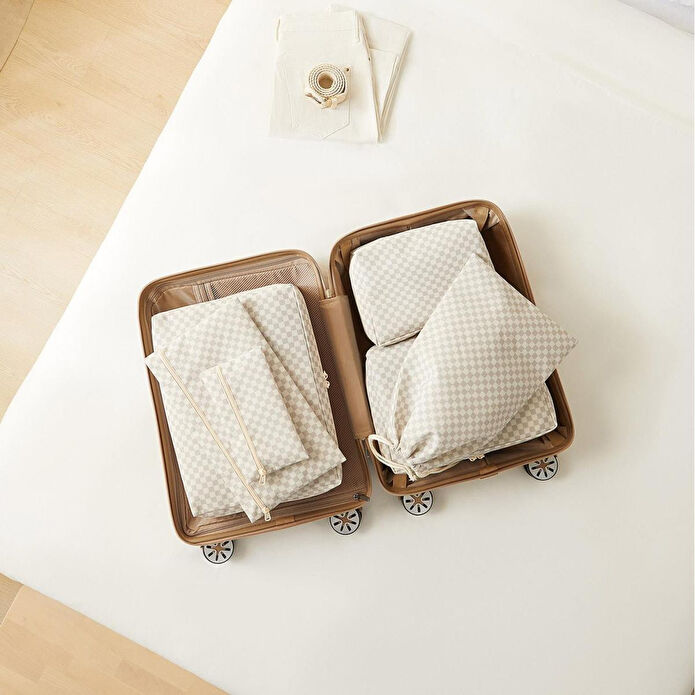 Ocean Home Textile 6'lı Yıkanabilir Gri Dama Desen Pamuklu Bavul İçi Düzenleyici Set