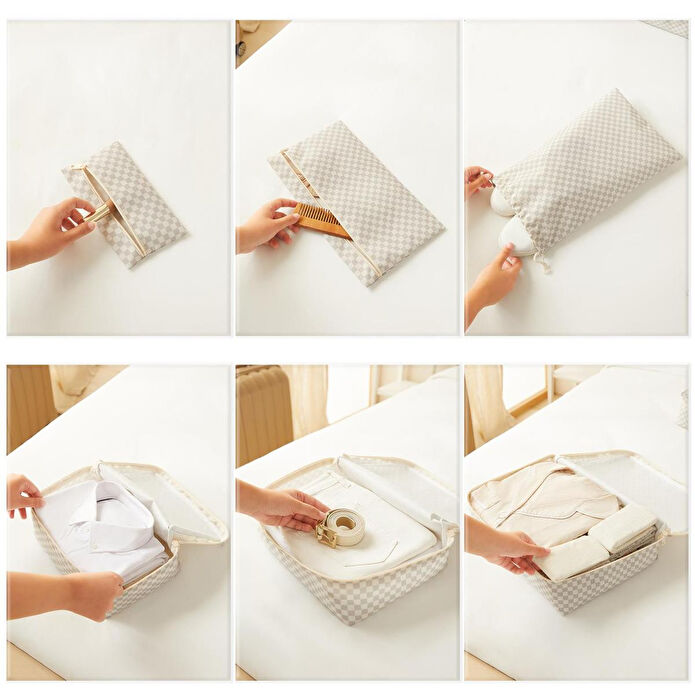 Ocean Home Textile 6'lı Yıkanabilir Gri Dama Desen Pamuklu Bavul İçi Düzenleyici Set