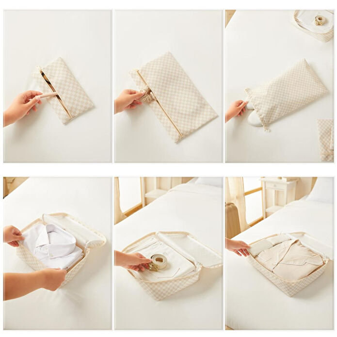 Ocean Home Textile 6'lı Yıkanabilir Bej Dama Desen Pamuklu Bavul İçi Düzenleyici Set