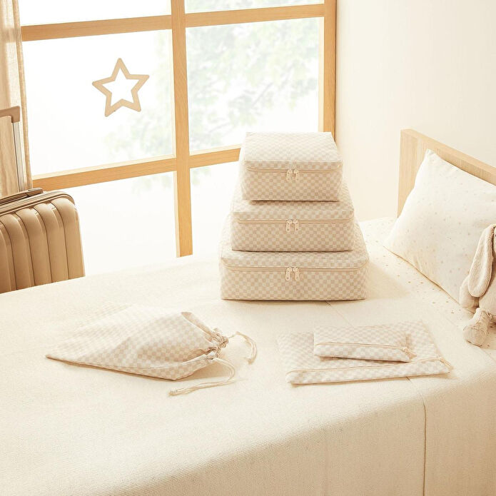 Ocean Home Textile 6'lı Yıkanabilir Bej Dama Desen Pamuklu Bavul İçi Düzenleyici Set