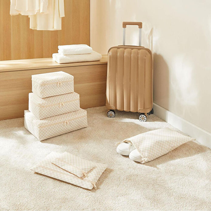Ocean Home Textile 6'lı Yıkanabilir Bej Dama Desen Pamuklu Bavul İçi Düzenleyici Set