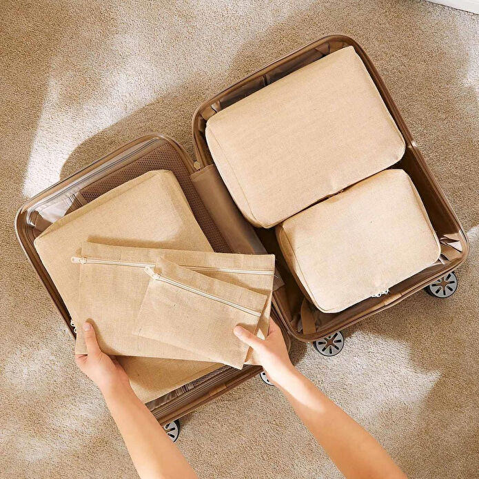 Ocean Home Textile 6'lı Jüt Keten Kumaş Bavul İçi Düzenleyici Set