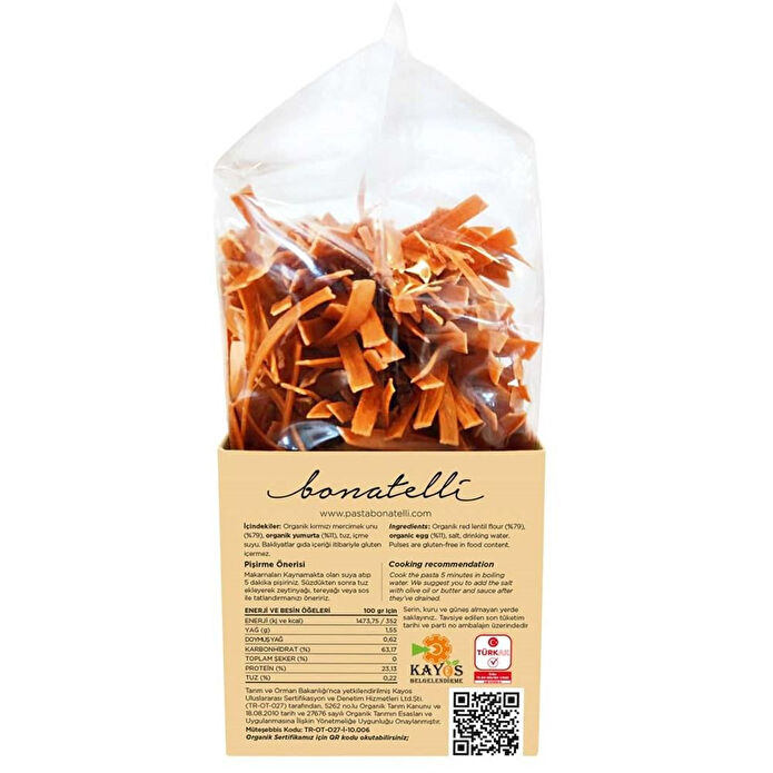 Bonatelli Organik Kırmızı Mercimek Çubuk Makarna 400 G