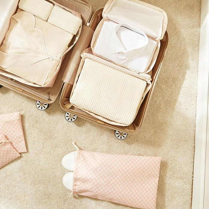 Ocean Home Textile 6'lı Pembe Dama Desen Pamuklu Bavul İçi Düzenleyici Set