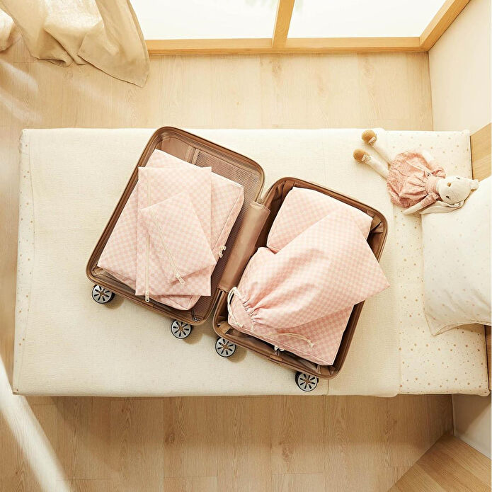 Ocean Home Textile 6'lı Pembe Dama Desen Pamuklu Bavul İçi Düzenleyici Set