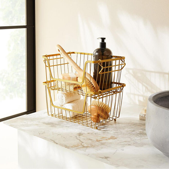 Ocean Home Textile 2'li Altın Renk Metal Sepet Set 32 X 22 X 16 Cm