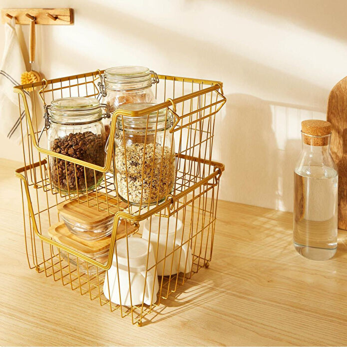 Ocean Home Textile 2'li Altın Renk Metal Sepet Set 33 X 27 X 20 Cm
