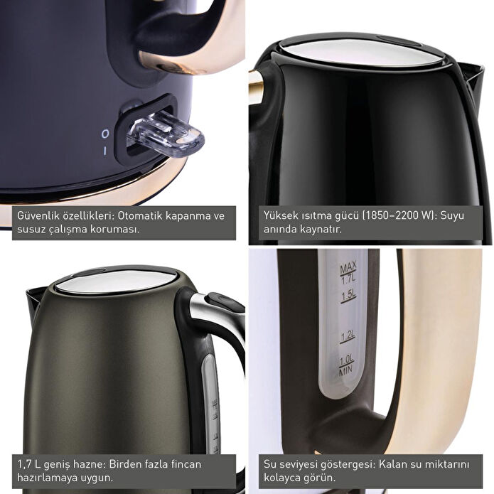 Berghoff Gem Titan Set 1.7 Litre Siyah Gold Su Isiticisi + Iki Dilim Ekmek Kizartma Makinesi