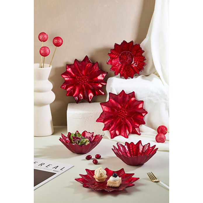 Lora Bianca Kırmızı Poinsettia Cam Tabak & Kase Seti - 3 Adet Tabak - 3 Adet Kase Kırmızı