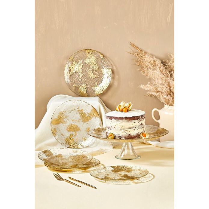 Lora Bianca Marmo Altın 7 Parça Pasta/kek/tatlı Sunum Tabağı Seti Altın