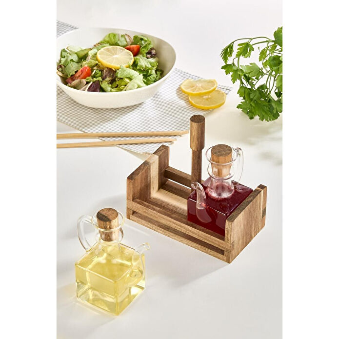 Lora Bianca Akasya Ahşap Standlı Cam 2'li Yağdanlık & Sirkelik Seti Akasya