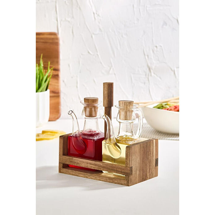 Lora Bianca Akasya Ahşap Standlı Cam 2'li Yağdanlık & Sirkelik Seti Akasya