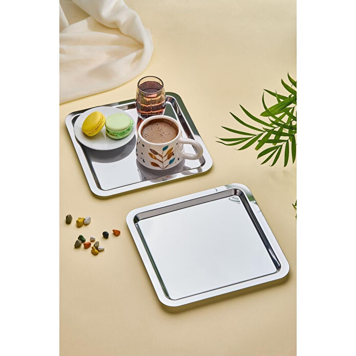 Lora Bianca Kare Paslanmaz Çelik 6’lı Gümüş Kahve, Çay, Dekoratif Sunum Servis Nişan Tepsisi Gümüş