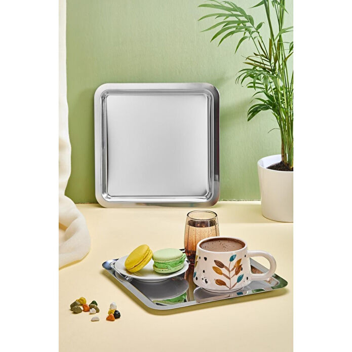 Lora Bianca Kare Paslanmaz Çelik 6’lı Gümüş Kahve, Çay, Dekoratif Sunum Servis Nişan Tepsisi Gümüş
