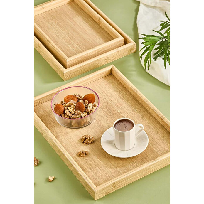 Lora Bianca 3' Lü Bambu Çay/kahve/sunum Tepsi Seti Krem