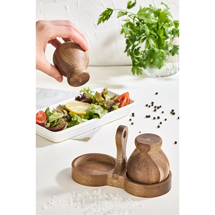 Lora Bianca Akasya Ahşap Tuzluk & Biberlik Seti Kahverengi