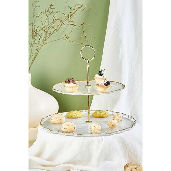 Lora Bianca Goblen 2 Katlı Pasta/kurabiyelik/şekerlik Sunum Standı Şeffaf