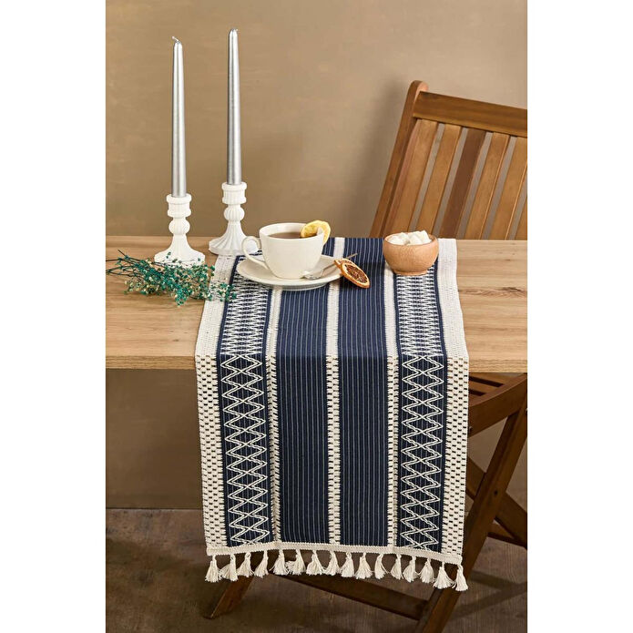Lora Bianca Rustique Lacivert Pamuk Masa Örtüsü Runner 35x145 Cm Lacivert