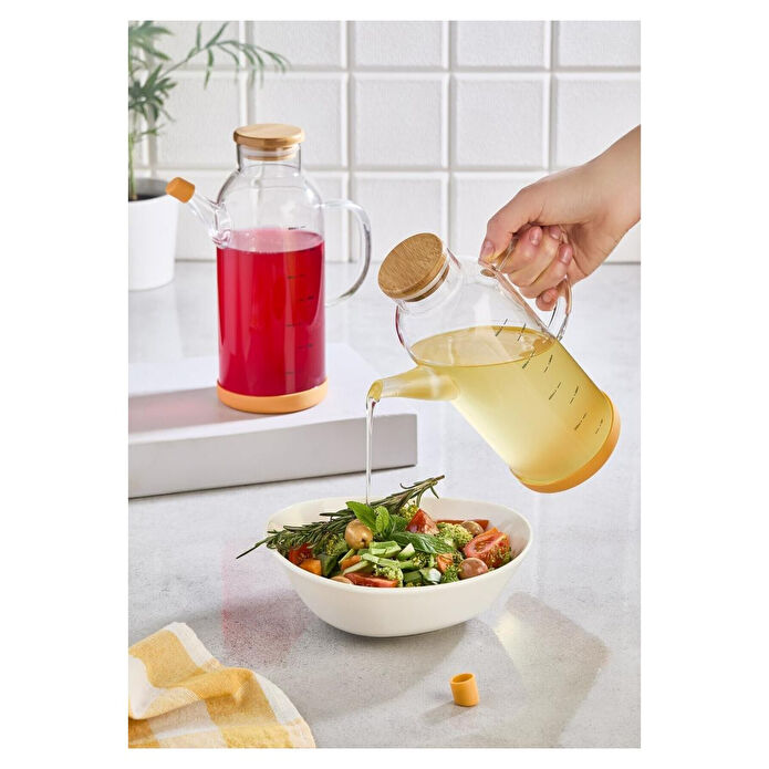 Lora Bianca Bambu Kapaklı 2' Li Cam Yağdanlık Ve Sirkelik Seti Kahverengi