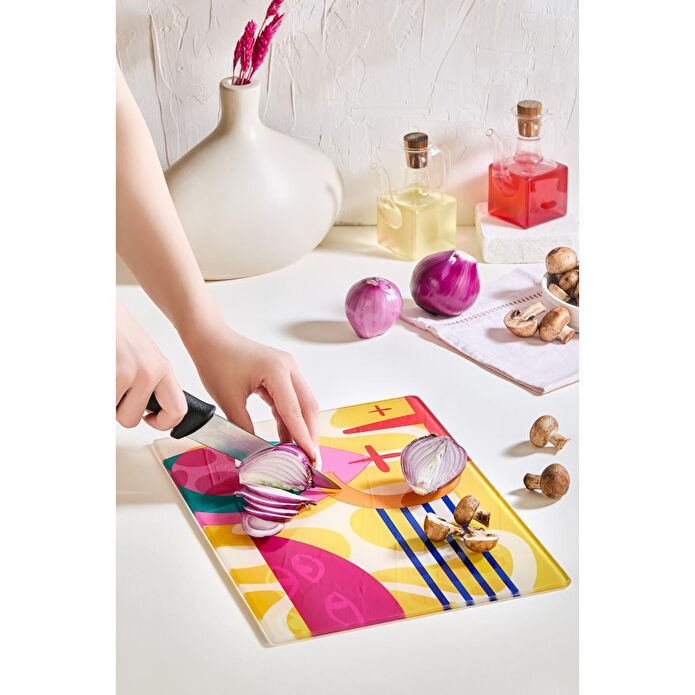 Lora Bianca Meloni Cam Kesme Tahtası - 25x35 - Isıya Dayanıklı Kırılmaz Kesme Tahtası Beyaz