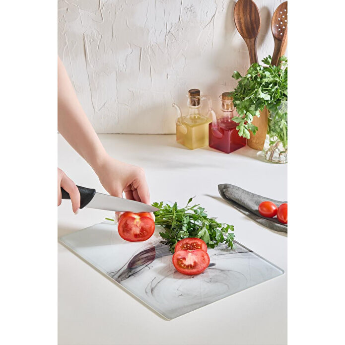 Lora Bianca Marble Cam Kesme Tahtası - 25x35 - Isıya Dayanıklı Kırılmaz Kesme Tahtası Beyaz