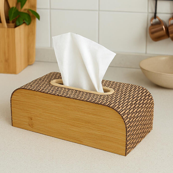 Vienev Ahşap Dikdörtgen Peçetelik – Doğal Ahşap Desenli Dekoratif Mendil Kutusu Ams1119