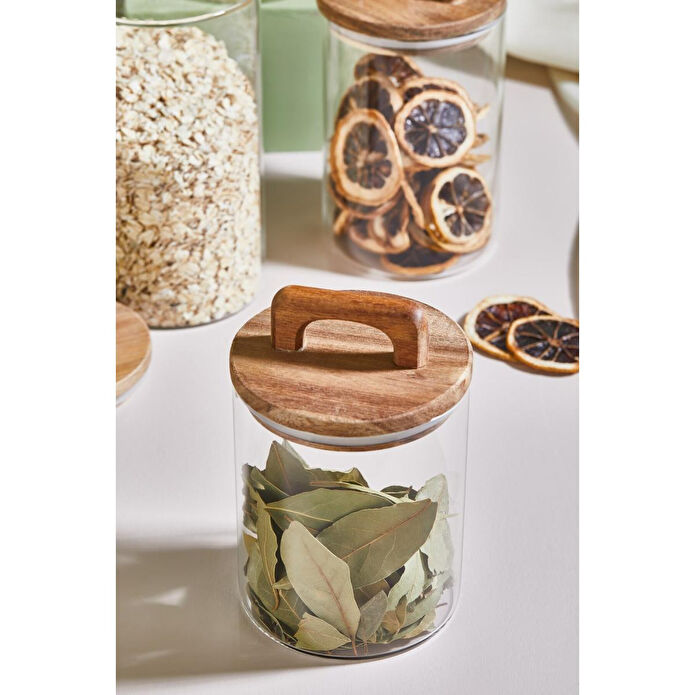 Lora Bianca 4' Lü Vakumlu Akasya Ahşap Kapaklı Cam Kavanoz - Erzak/bakliyat Saklama Kabı Seti Beyaz
