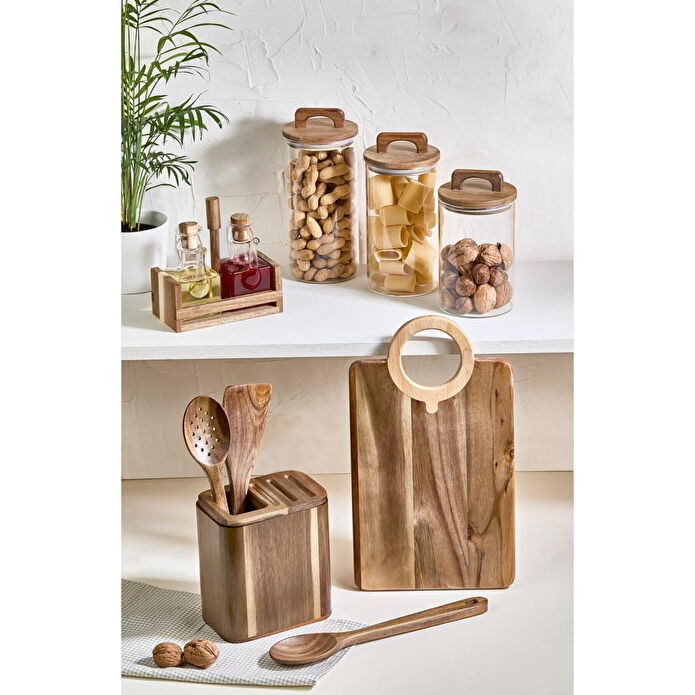 Lora Bianca 11 Parça Tezgah Üstü Akasya Ahşap Set - Kesme Tahtası, Yağdanlık, Kavanoz, Kaşıklık Ve Kaşık Seti Kahverengi
