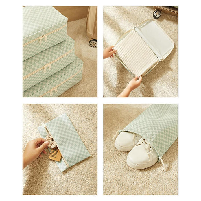 Ocean Home Textile 6'lı Mint Dama Desen Pamuklu Bavul İçi Düzenleyici Set