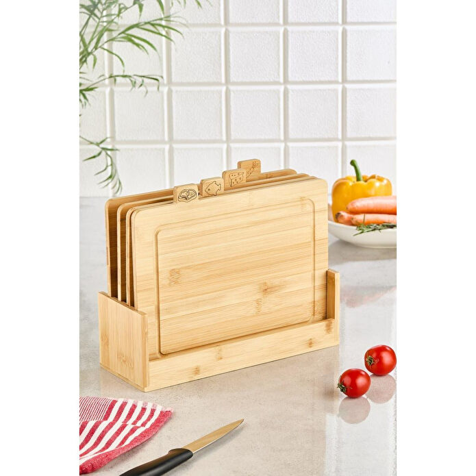 Lora Bianca Bambu 4' Lü Standlı Ahşap Kesme Tahtası Seti Kahverengi