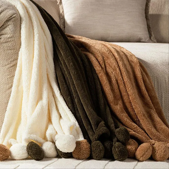 Mudo Home Ponponlu Di̇z Üstü Battani̇ye Bej 130x160