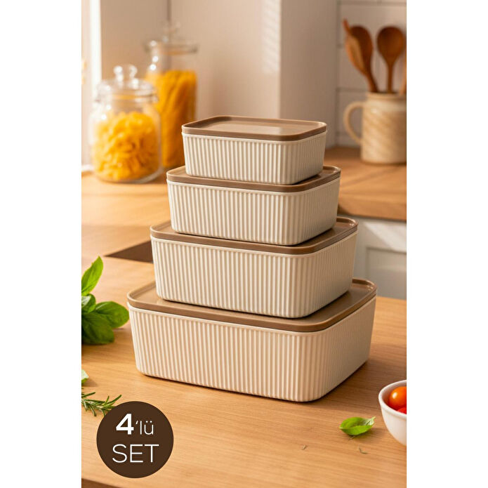 Vienev 4'lü Dikdörtgen Saklama Kabı Seti Bej | 2.5l 1.5l 0.80l 0.45l | Mikrodalga Ve Dondurucu Uyumlu