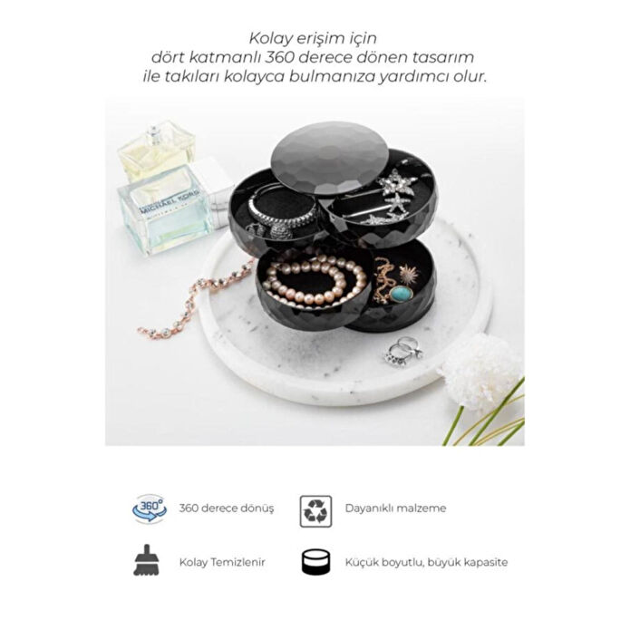 Vienev Elmas 4 Katlı Dönebilen Silindir Takı Organizeri Siyah