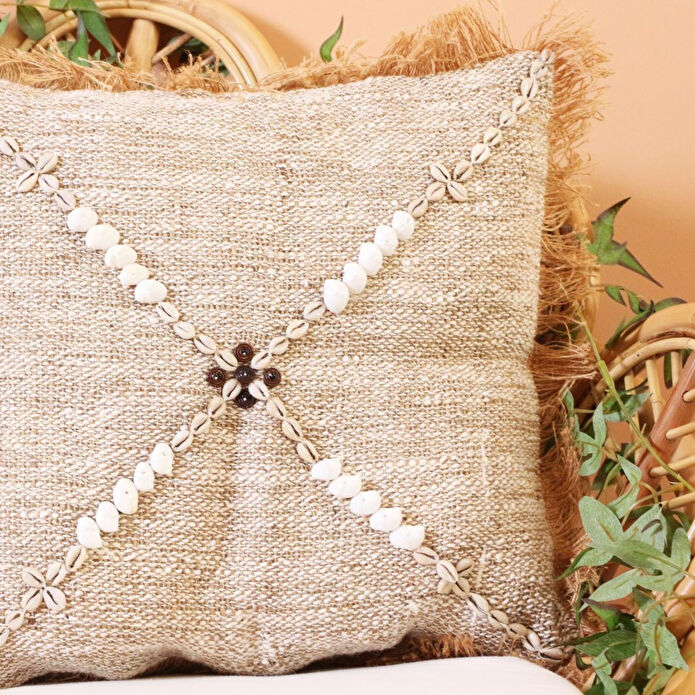 Mylamp Boho Deniz Kabuklu Doğal Keten Kırlent Kılıfı